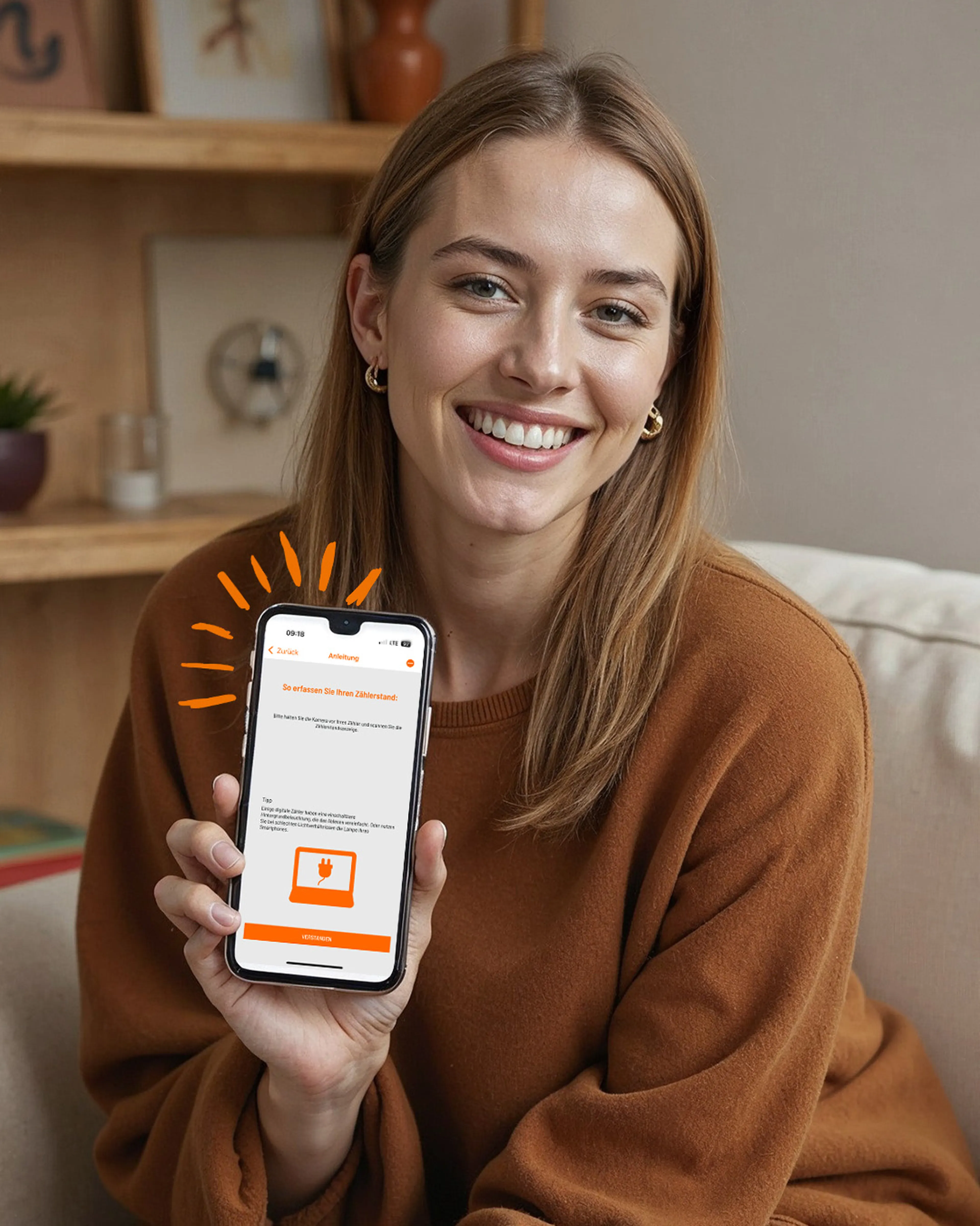 Junge Frau zeigt die Mark-E App auf ihrem Smartphone zur Zählerstand-Übermittlung