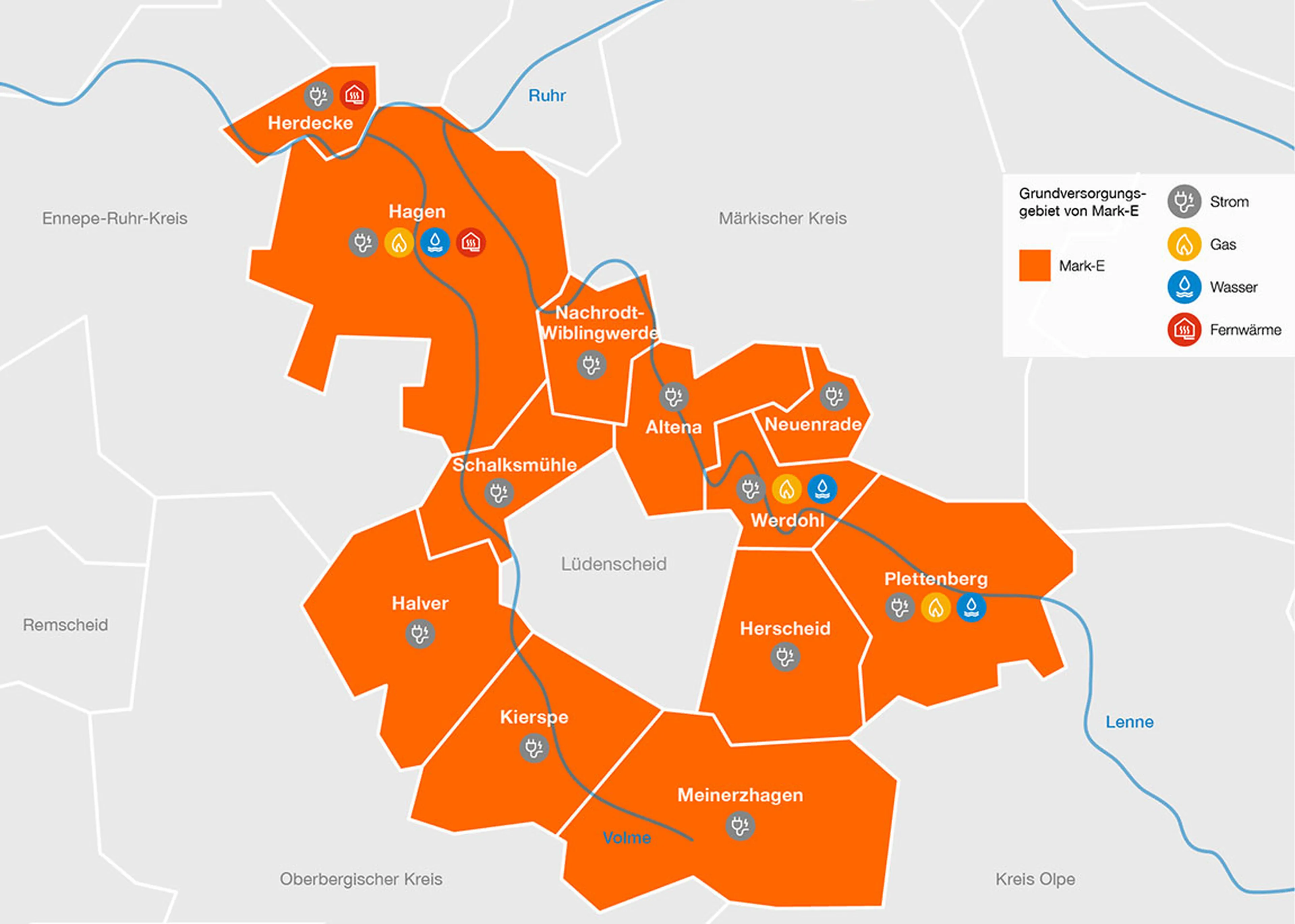 Karte mit orangefarbenen Regionen und Symbolen für Strom-, Gas-, Wasser- und Fernwärmedienste. Mit einer Legende auf der rechten Seite.