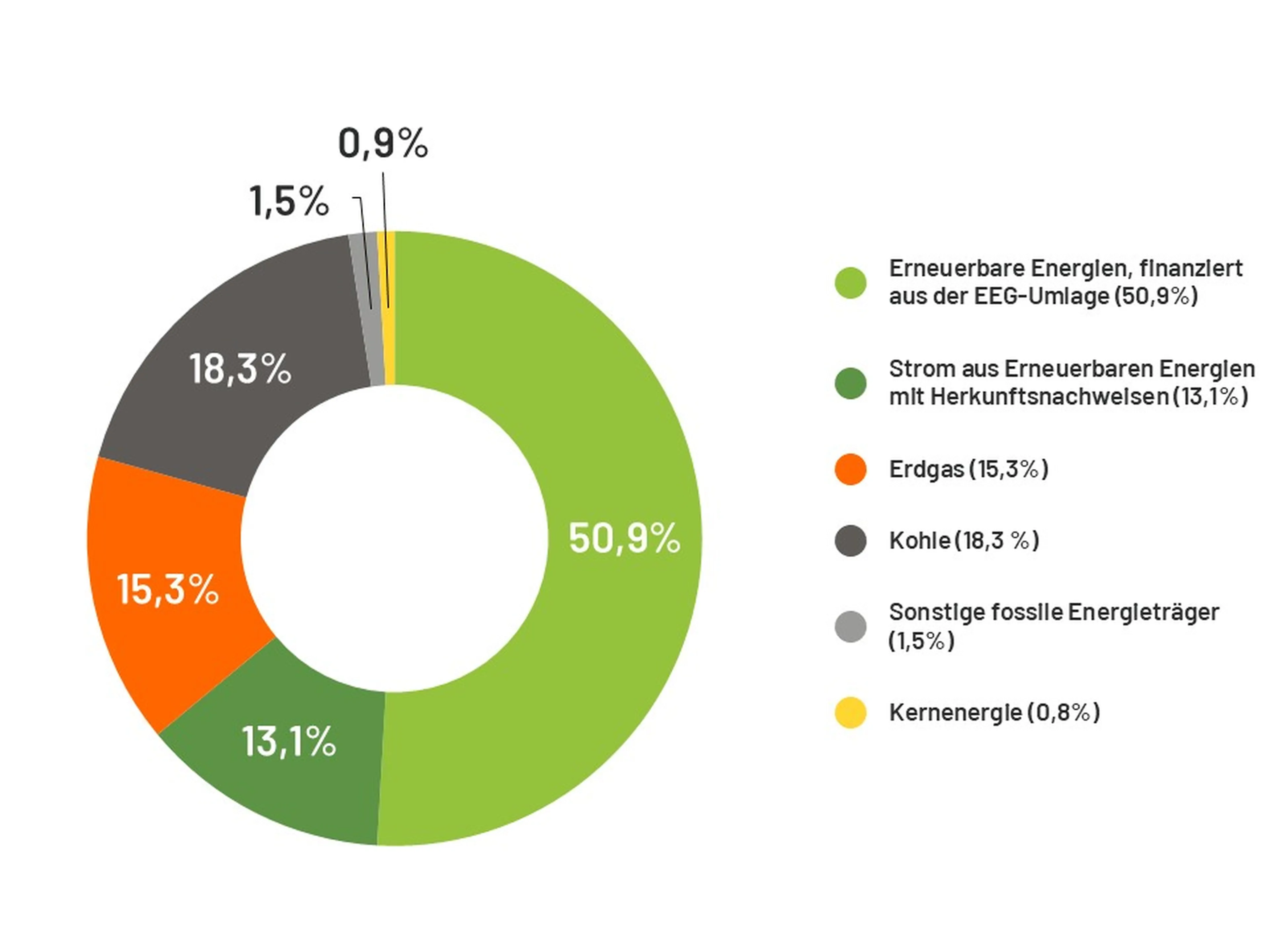 Tortendiagramm mit Anteilen der Energieträger der Stromerzeugung 2025:  EEG-finanzierte Erneuerbare Energien (50,9%); Erneuerbare Energien mit Herkunftsnachweisen (13,1%); Erdgas (15,3%); Kohle (18,3 %); Sonstige fossile Energieträger (1,5%); Kernenergie (0,9%)